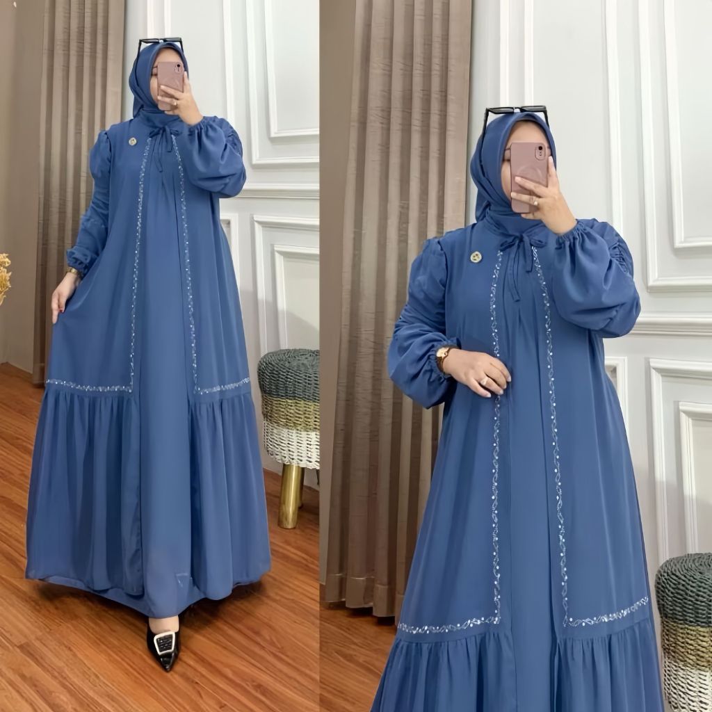Gamis Kondangan Ceruti Payet Mutiara Swarovski Reyna Dress Set Free Hijab Pashmina Gamis Jumbo