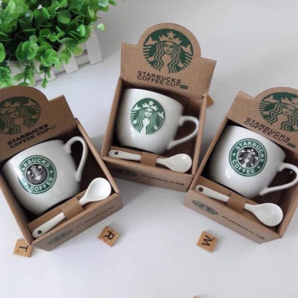 Gelas Cangkir Mug Keramik Starbucks Set Sendok 250ml