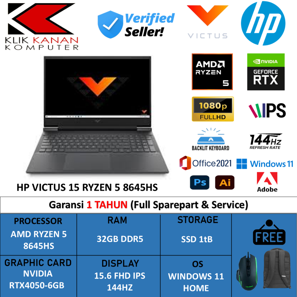 LAPTOP GAMING HP VICTUS 15 AMD RYZEN 5 8645HS 64GB DDR5 1TB RTX4050-6GB 15.6 FHD IPS 144HZ BL W11
