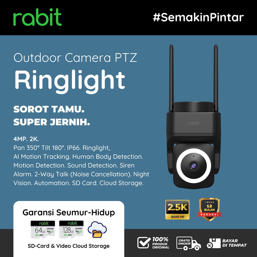 RABIT SMART IP CCTV WIFI CAMERA OUTDOOR PTZ RINGLIGHT FULL HD KAMERA 4 MP - 1 CCTV TANPA Card