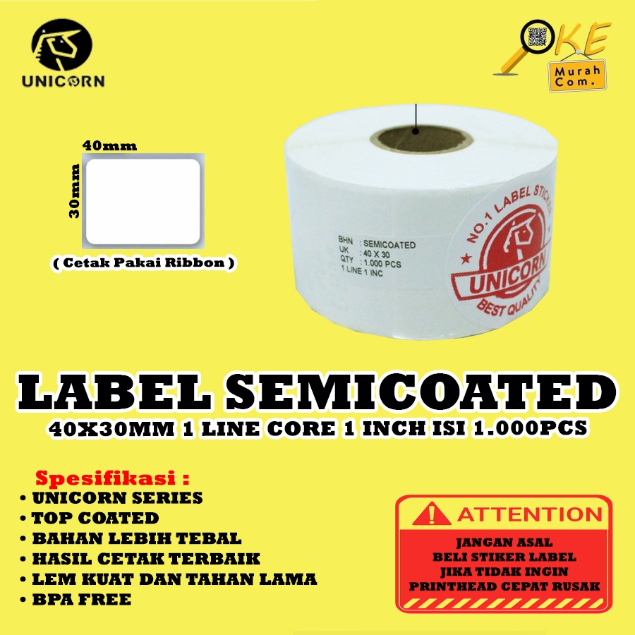 

Stiker Label Barcode Semicoated 40x30 mm / 40x30mm / 4x3cm 1Line core 1 inch Isi 1.000pcs