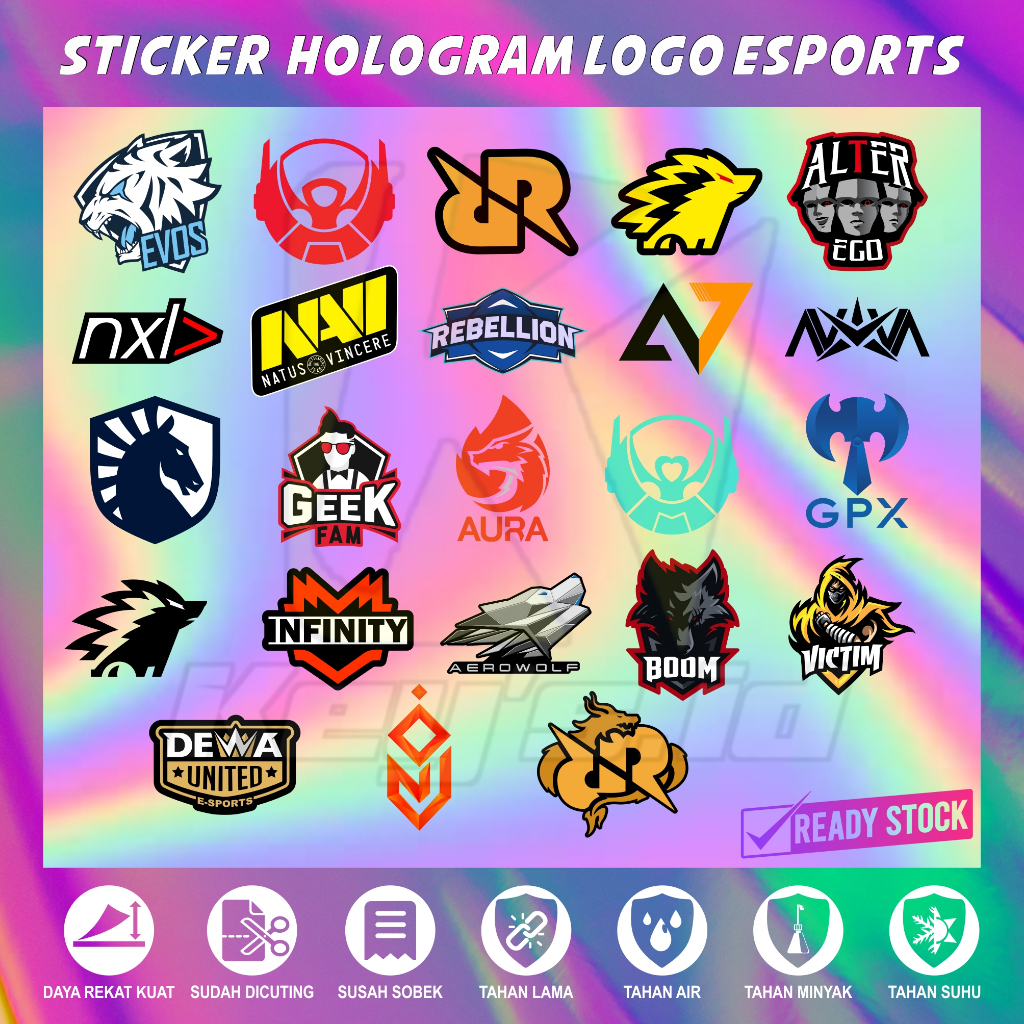 

Stiker Hologram Esport MPL, Sticker Logo Esport Tim Squad Mobile legends, Stiker ML PUBG Anti Air Sudah DiCutting