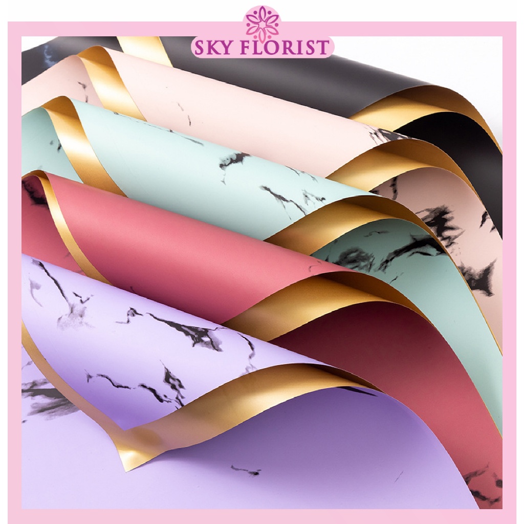 

20 Lembar Flower Wrapping Paper Golden Marble Bi Color Cellophane Kertas Buket KB6105