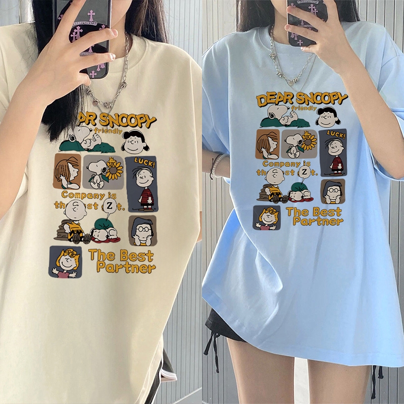 Kaos Lengan Pendek Oversize Wanita DEAR SNOOPY/Baju Atasan Wanita Terbaru Krim Style/Kaos Polos Puti