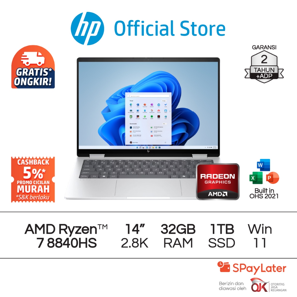 Laptop HP Envy x360 2 in 1 AMD Ryzen 7 Radeon 32GB RAM 1TB SSD Silver Windows 11 Home 14 Inch Garans