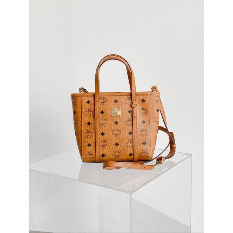 MCM Mini Toni Shopper Tote Bag With Zipper Cognac