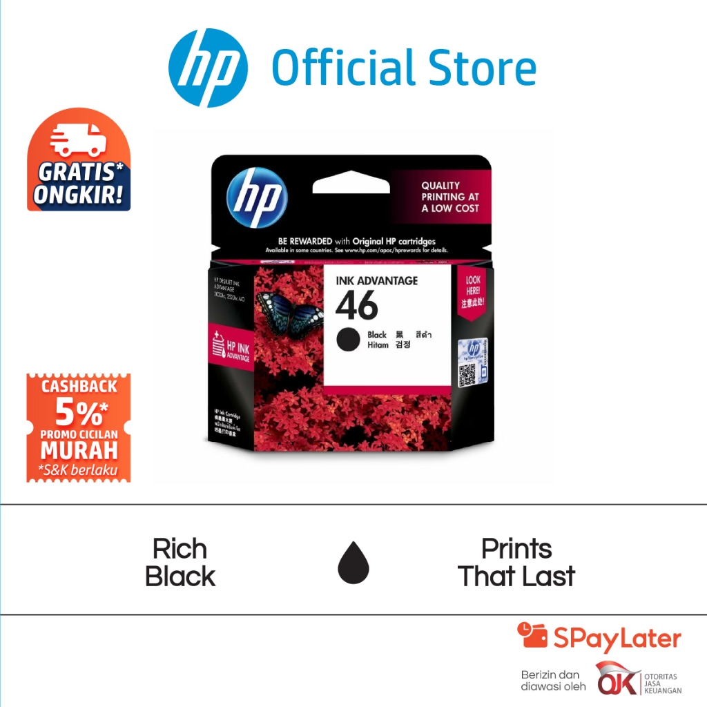 Tinta Printer HP 46 Black Original Ink Advantage Cartridge Hitam Cartridge Asli HP Deskjet Ink Advan