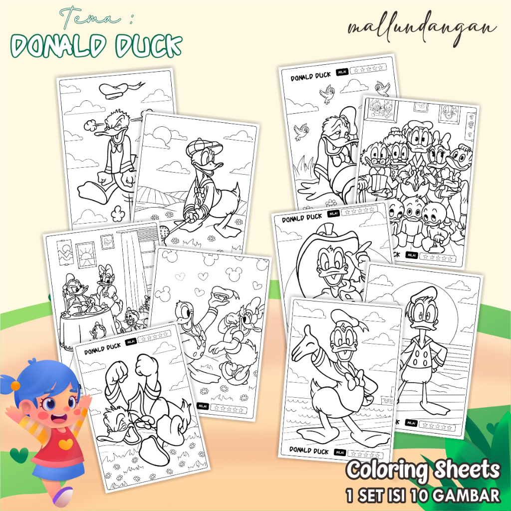 

LEMBARAN MEWARNAI ANAK A4 - KERTAS GAMBAR UNTUK ANAK TEMA DONALD DUCK - PAPER COLORING SHEETS FOR KIDS