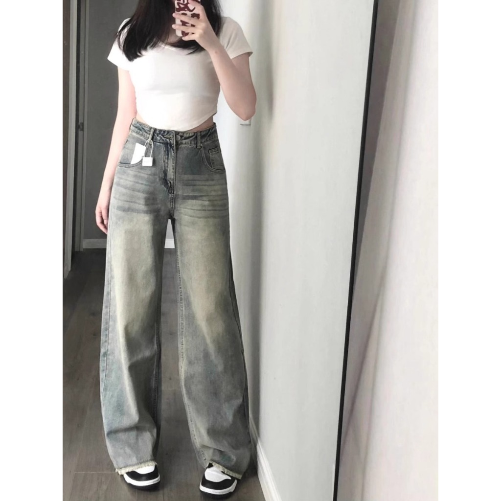 High waist Retro Celana jeans Lurus Longgar Wanita Jeans rawis biru Korea