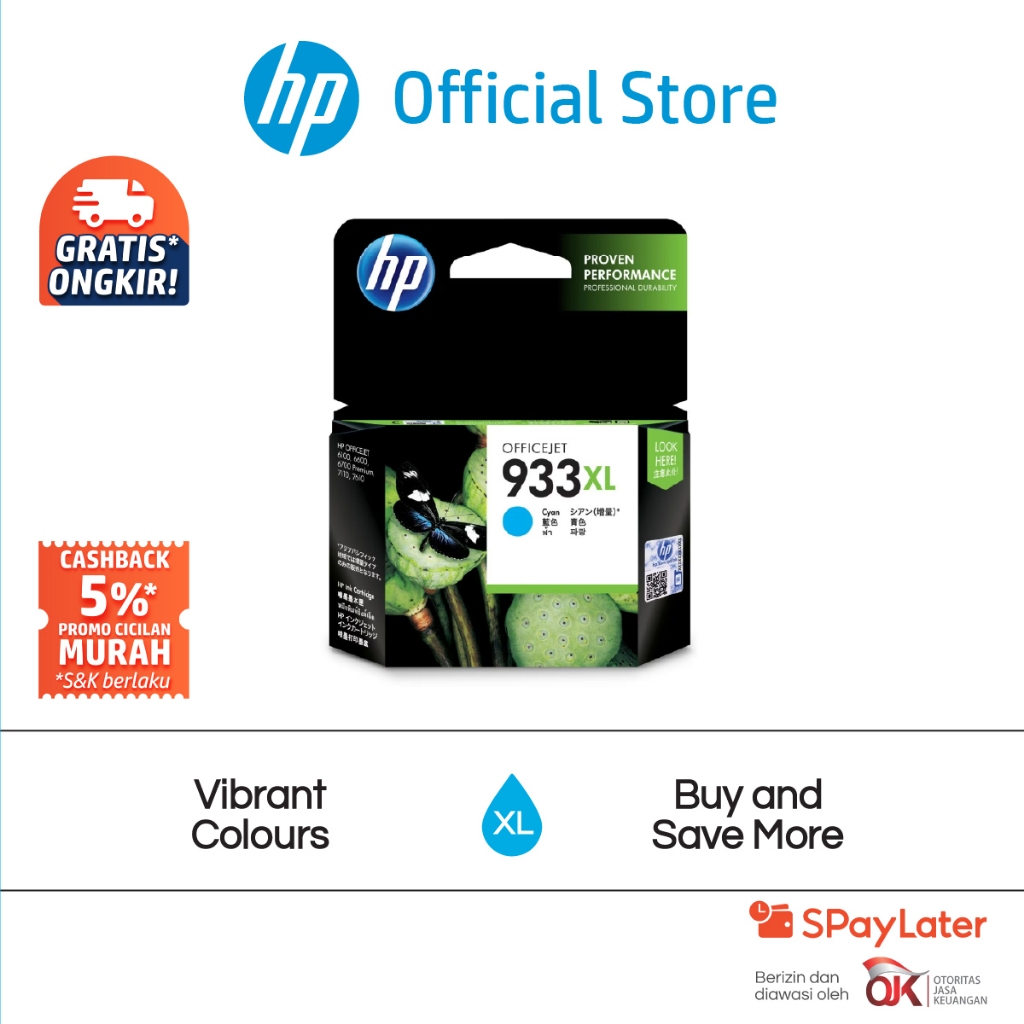 Tinta Printer HP 933XL High Yield Cyan Original Ink Cartridge Asli Colour Warna Officejet 6100 ePrin