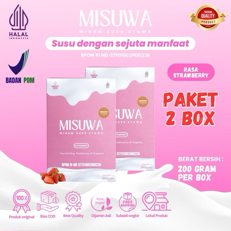 

MISUWA PAKET 2 BOX- Susu Kambing Etawa | Susu Kesehatan | Susu untuk tulang sendi dan otot | Susu untuk permasalahan paru-paru dan pernapasan | Susu Stroberi | Susu Kambing rasa Strowberry
