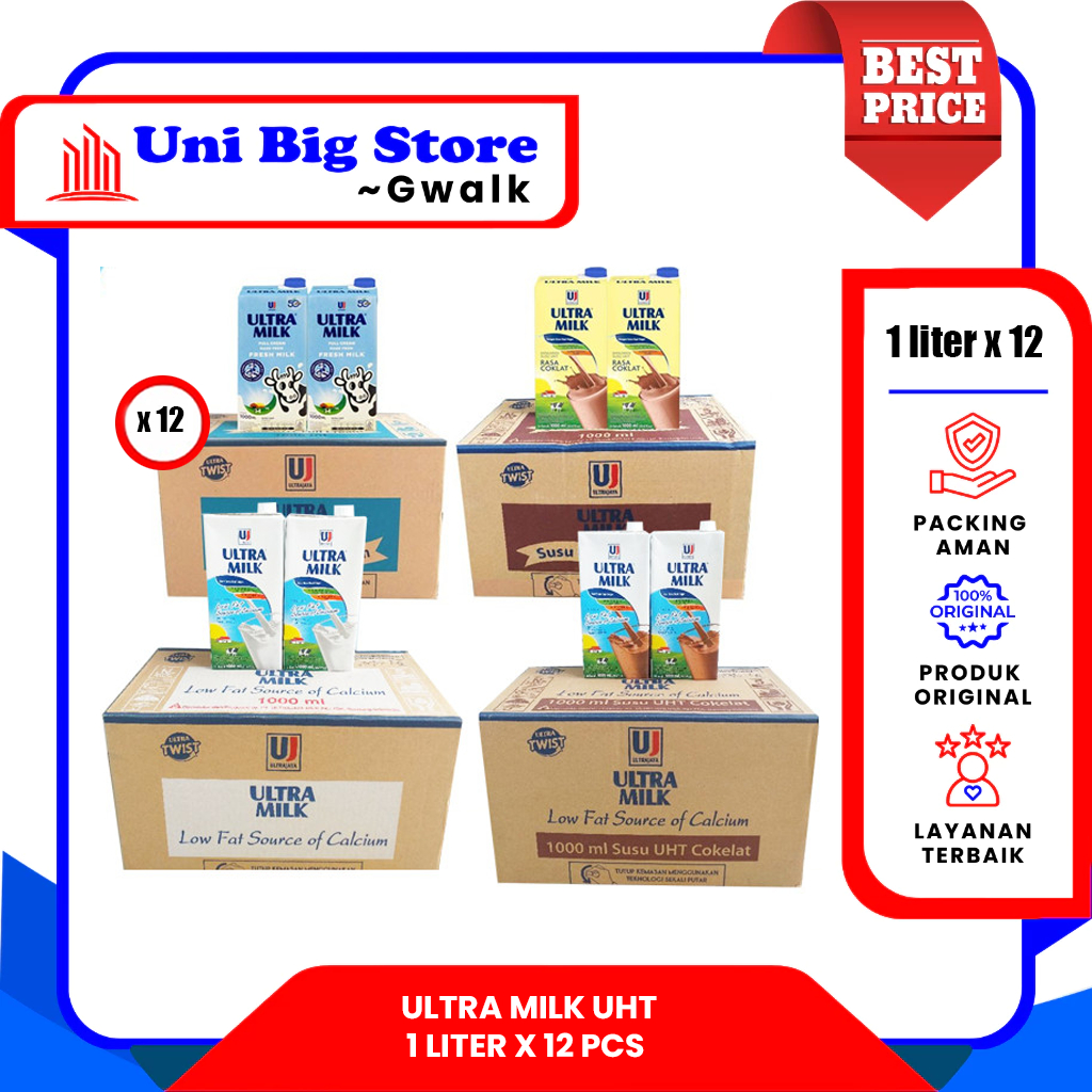 SUSU ULTRA MILK UHT FULL CREAM - COKELAT - LOW FAT PLAIN - LOW FAT CHOCOLATE - (1 Liter x 12 pcs) DU
