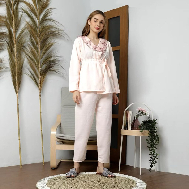 Baju Tidur Setelan Tangan Celana Panjang Renda Piyama Mewah