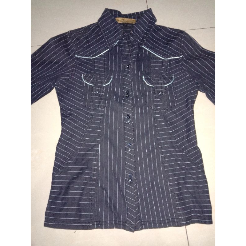 HARGA PROMO - Atasan Salur Navy Wanita Tebal, Branded, Second