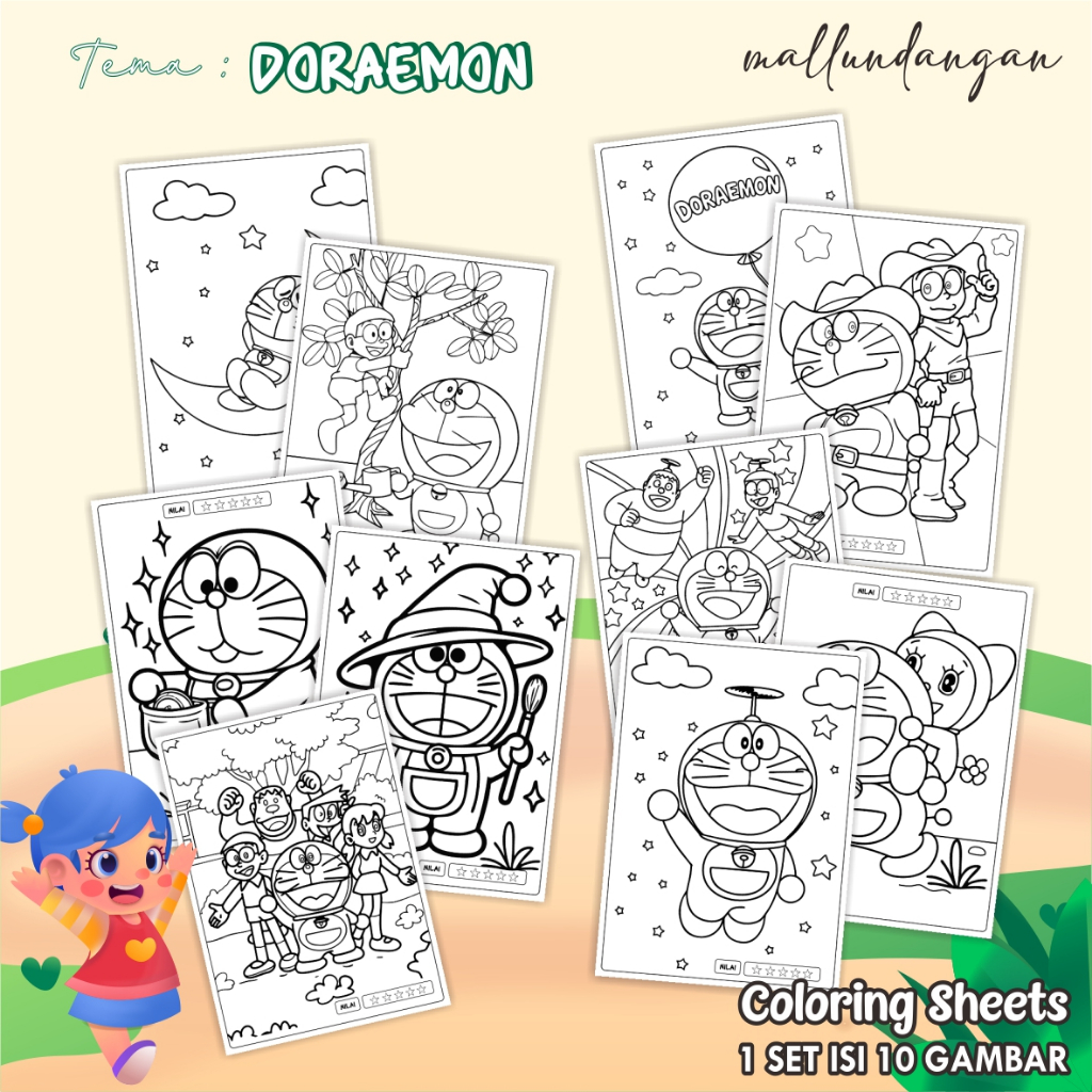 

LEMBARAN MEWARNAI ANAK A4 - KERTAS GAMBAR UNTUK ANAK TEMA DORAEMON - PAPER COLORING SHEETS FOR KIDS
