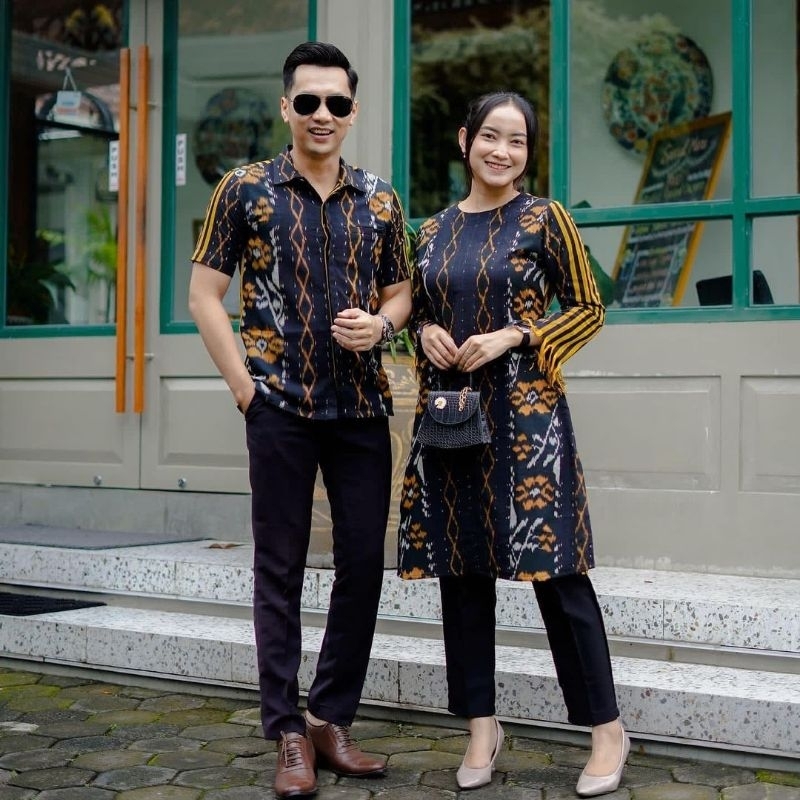 Dress set couple kemeja - Baju tenun kekinian - Baju tenun endek premium