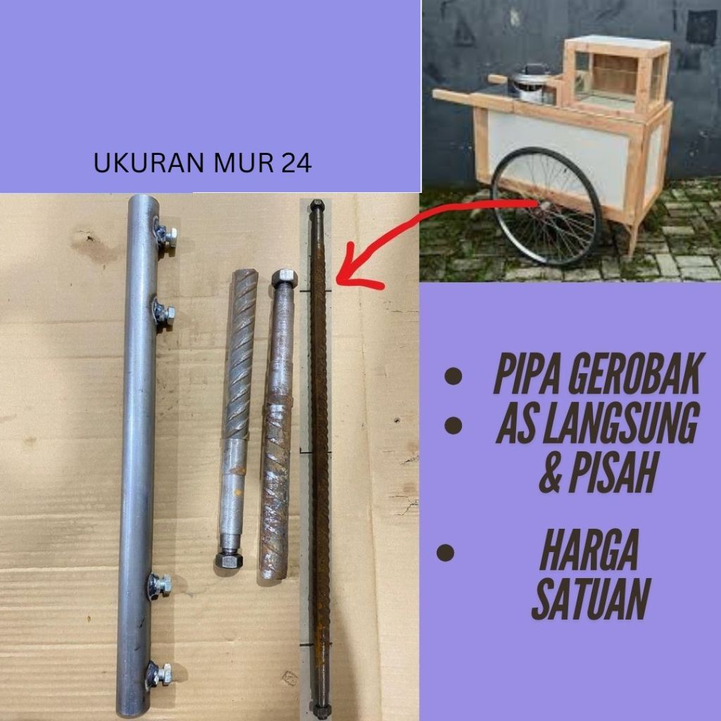 Gerobak Becak As & Pipa Sambung Potong Langsung Satuan Besi Sepeda Use Bearing 6204 6205 35 cm 50 cm