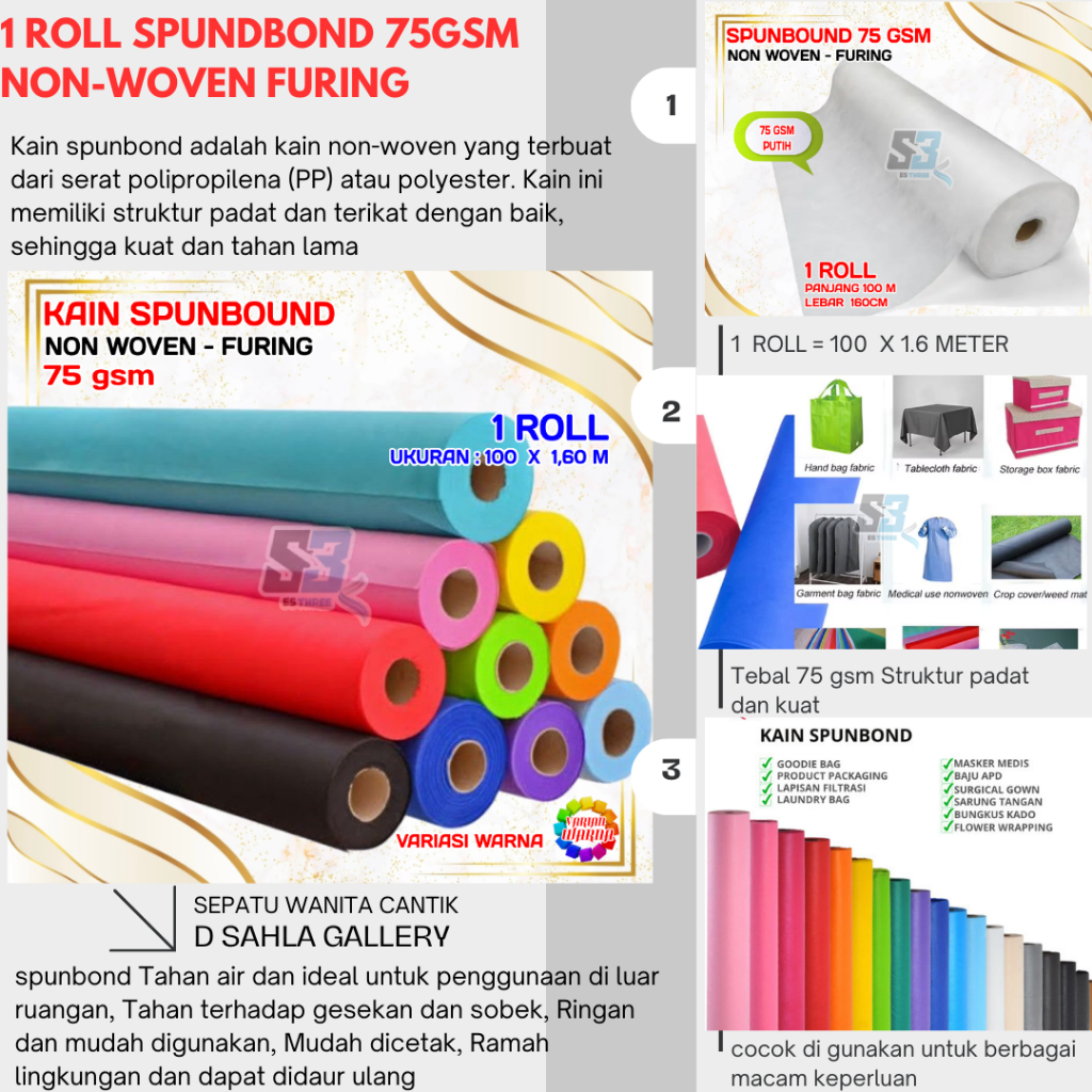 1 ROLL KAIN SPUNBOND 75 GSM 100 METER X 160 CM NON WOVEN SPUND BOND PUR BAHAN GOODIE BAG TOTE BAG TA