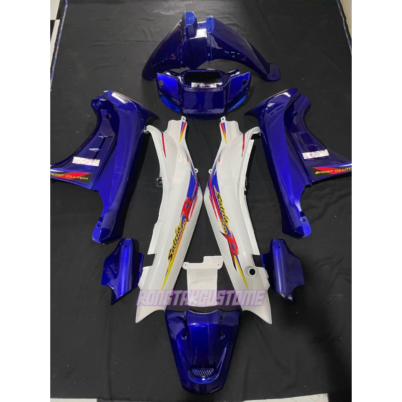 full set body halus satria lumba biru putih striping custom cover bodi suzuki satria lumba biru puti