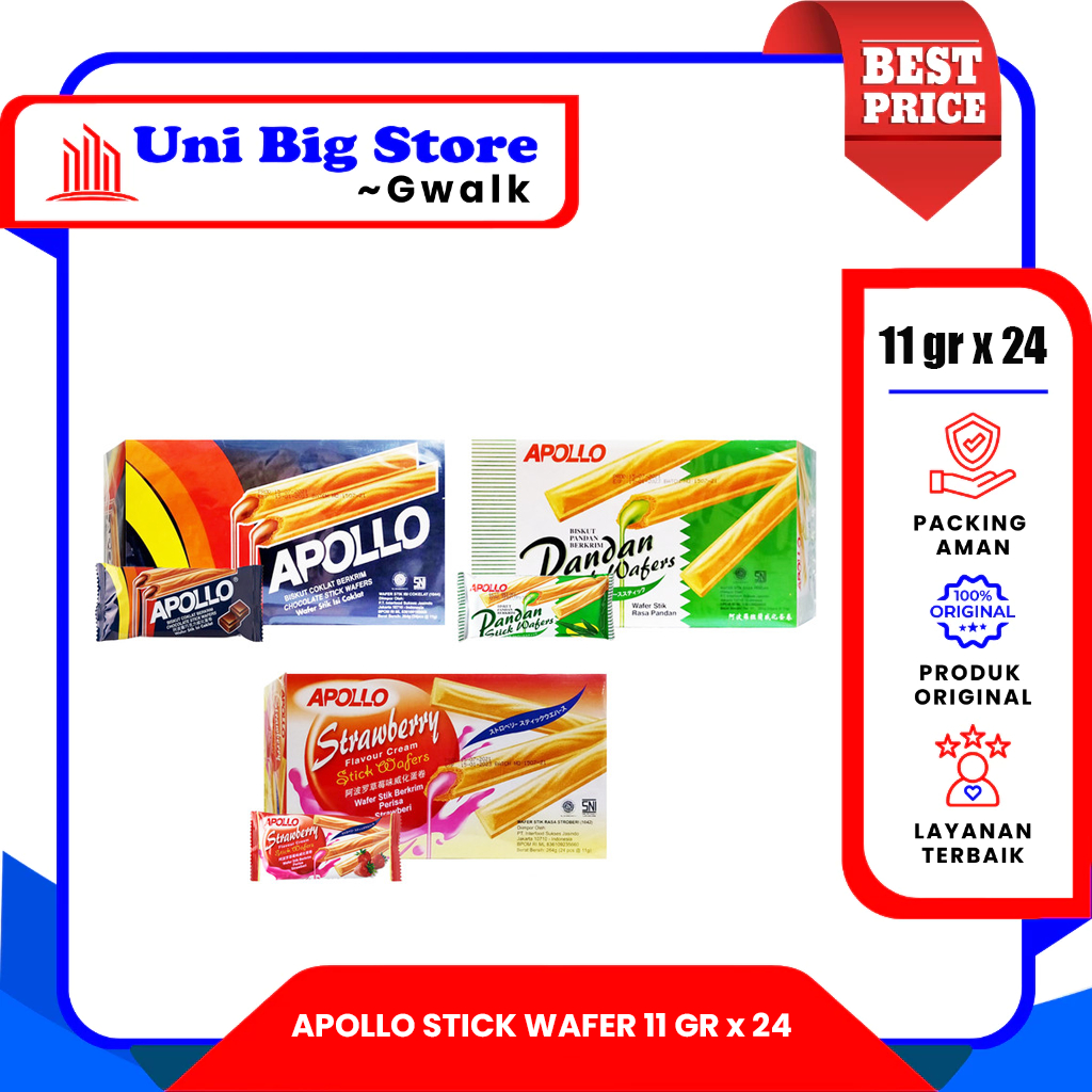 

APOLLO STICK WAFER CHOCOLATE - STRAWBERRY - PANDAN - (11 gr x 24 pcs) BOX