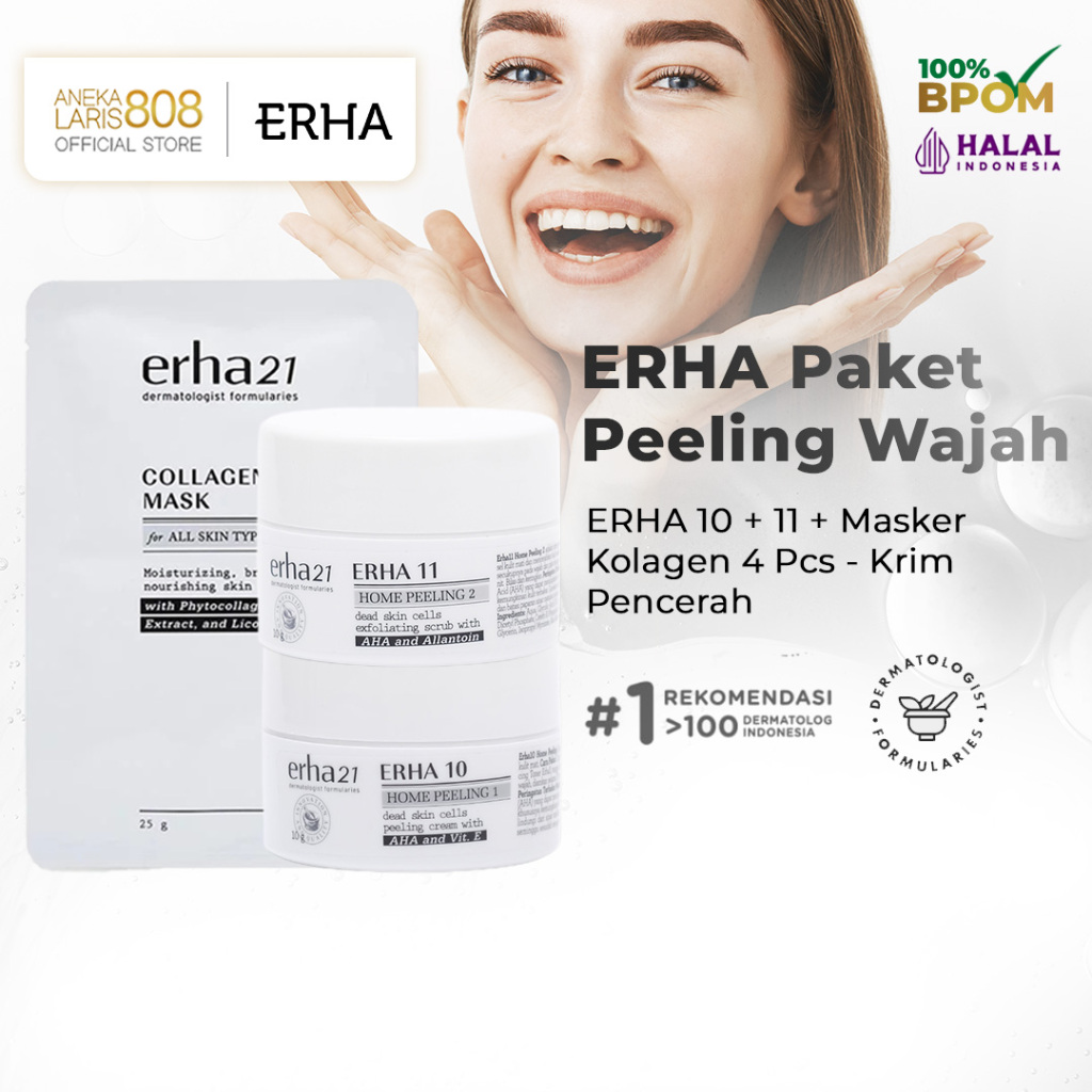 ERHA Krim Peeling Wajah - ERHA 10 + 11 + Masker Kolagen 4 Pcs - Krim Pencerah AHA Vitamin E