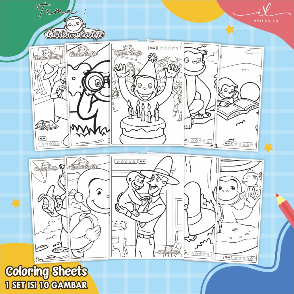 

[A4 - CURIOUS GEORGE] KERTAS GAMBAR UNTUK ANAK - LEMBAR MEWARNAI ANAK 1 SET ISI 10 LEMBAR GAMBAR