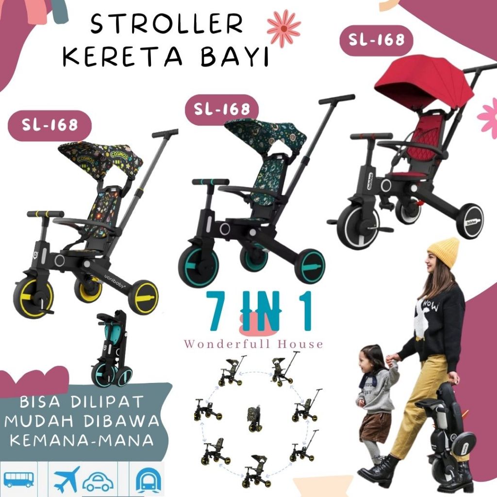 Stroller Bayi Lipat Multifungsi 7 In 1 Sepeda Anak Folding Stroler Lipat 3 Roda