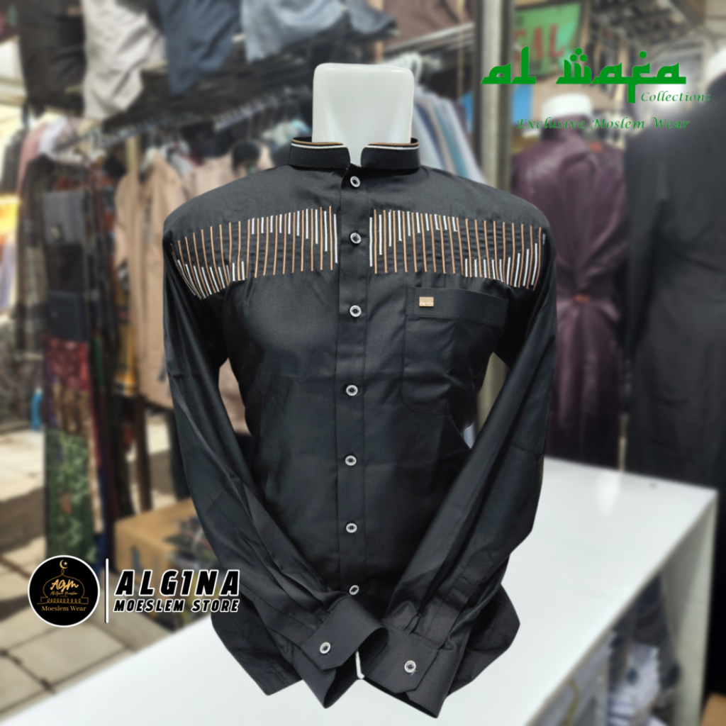 Koko Al Wafa Hitam Bordir Lengan Panjang Manset | Baju Muslim Lengan Panjang Al Wafa Premium