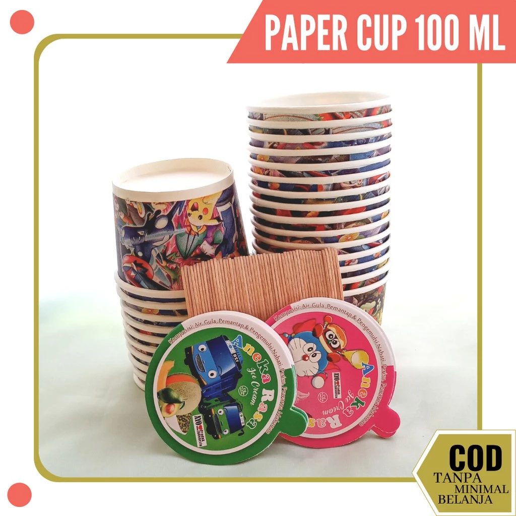 Cup Es Krim Ice Cream Paper Cap 50ml 100ml Isi 50pcs Lengkap Tutup dan Sendok Cup Premium