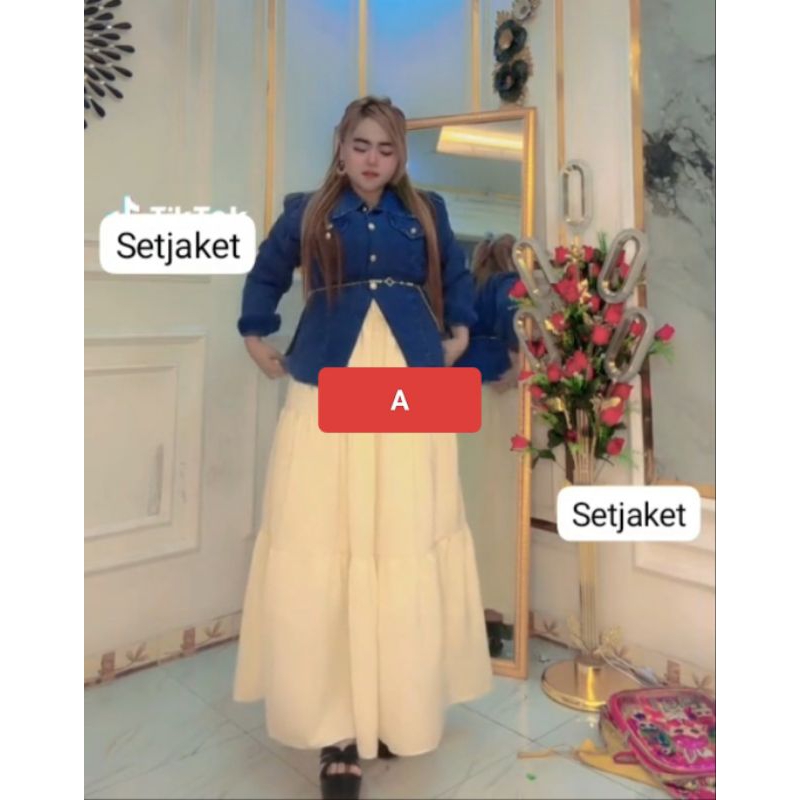 SET2IN1 JAKET JEANS DAN INNER DRESS KATUN BANGKOK PREMIUM FREE BELT TERBARU