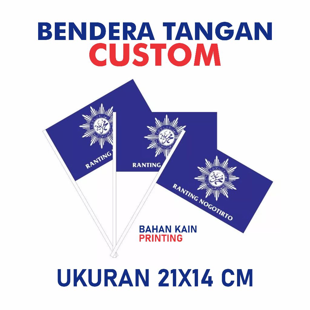 Bendera Tangan Muhammadiyah Custom Nama dan Logo Bahan Kain Ukuran 21x14 Cm