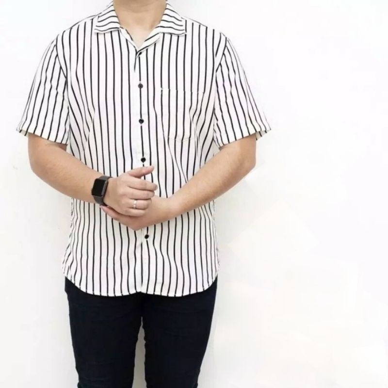 Kemeja Salur Stripe Hem Pria Motif Salur Garis Garis Kemeja Lengan Pendek Kemeja Pria