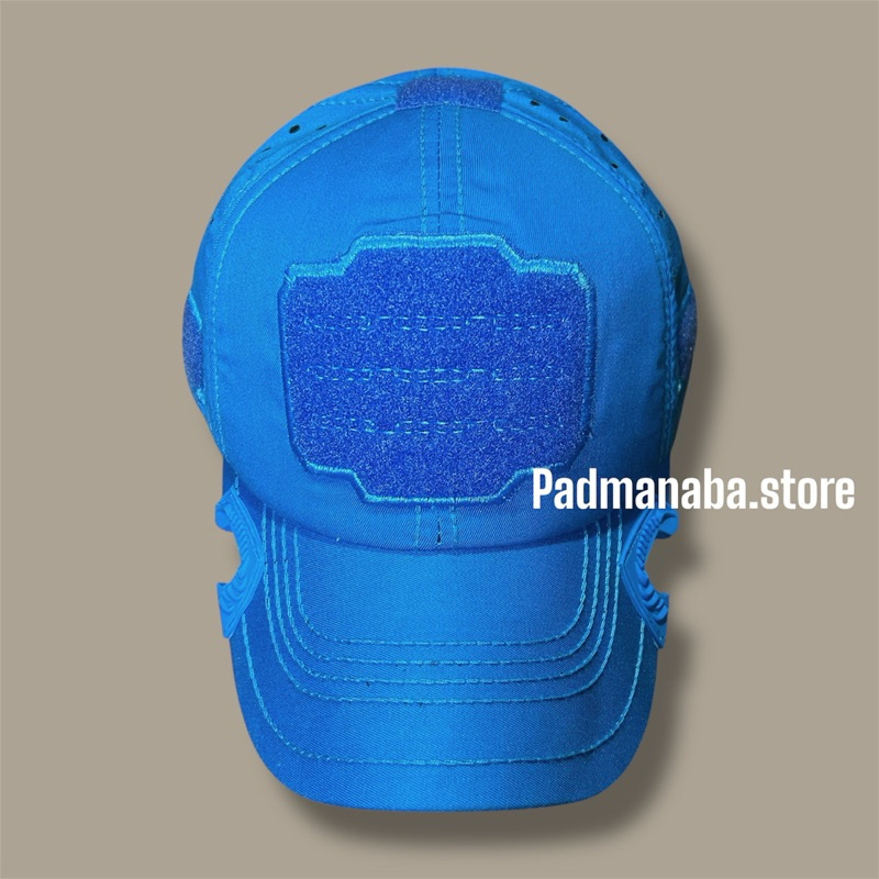 Topi laser kanvas biru muda packing kerdus box | Topi coak velcro | Topi coak laser anti air | Topi 