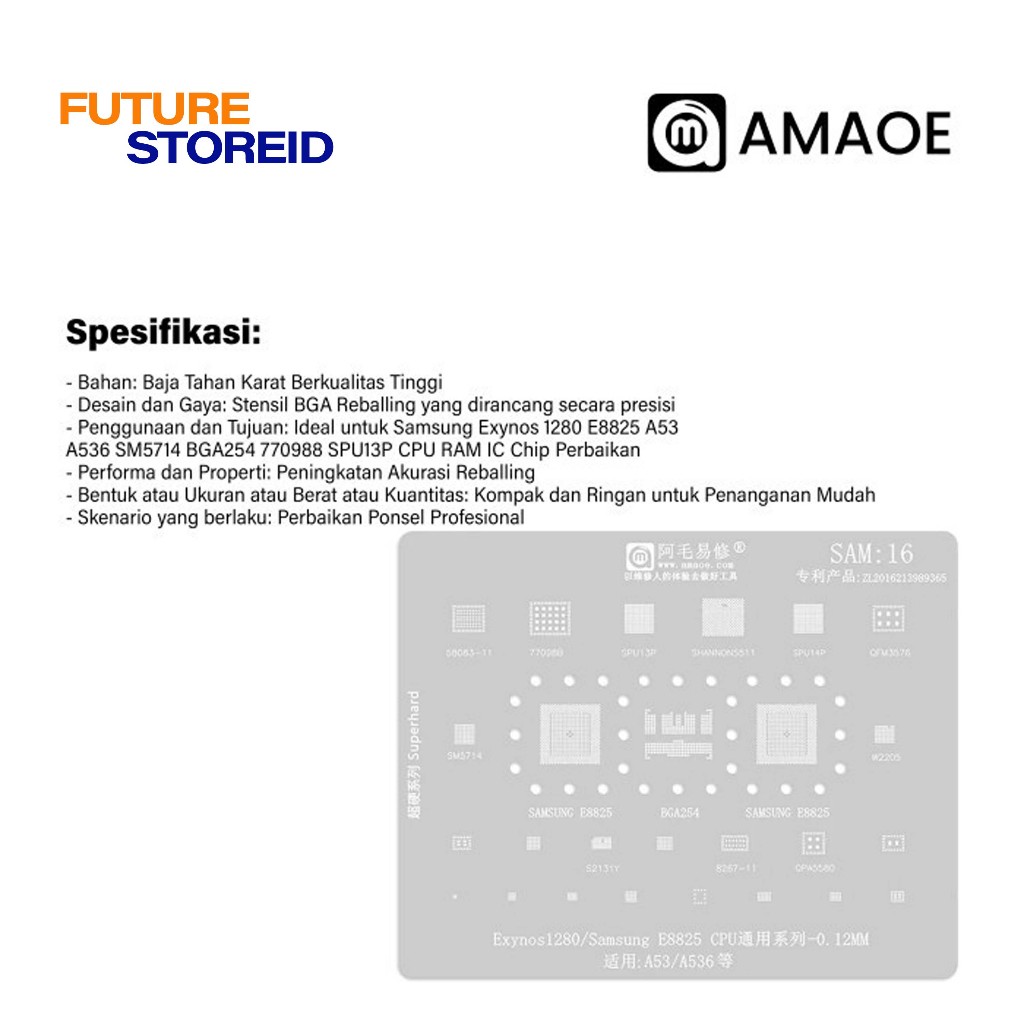 Sertamulia1 Amaoe Sam 16 Cetakan Ic Bga Reballing Stencil For Samsung A53/A536 Exynos1280 E8825 Cpu