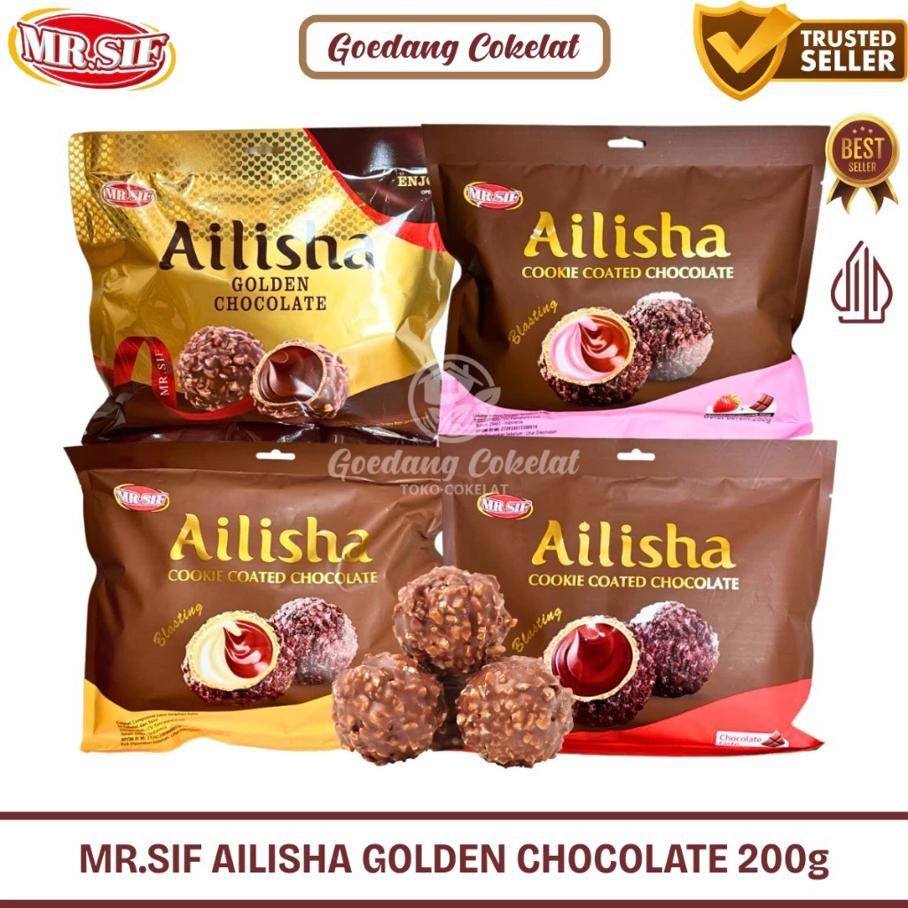

[toko snack jkt] MR.SIF Ailisha Golden Chocolate 200g Ailisha Cookie Coated Chocolate Coklat Cookies Ball Aneka Rasa Strawberry Milk Chocolate Cokelat Malaysia 200g / 250g