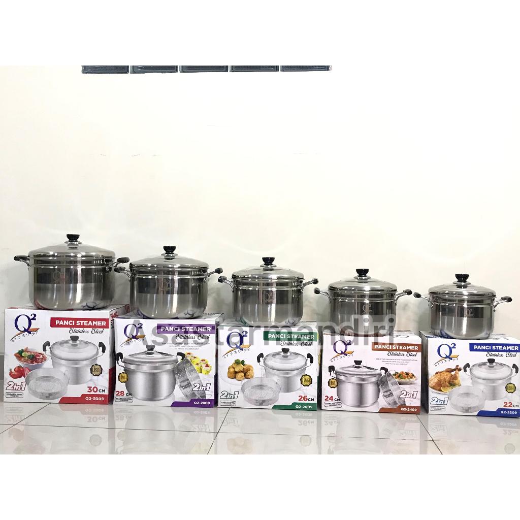 Q2 Panci Steamer/Dandang Kukus Stainless Panci Kukusan Nasi Stainlis Tutup Kaca  22cm , 24cm , 26cm 