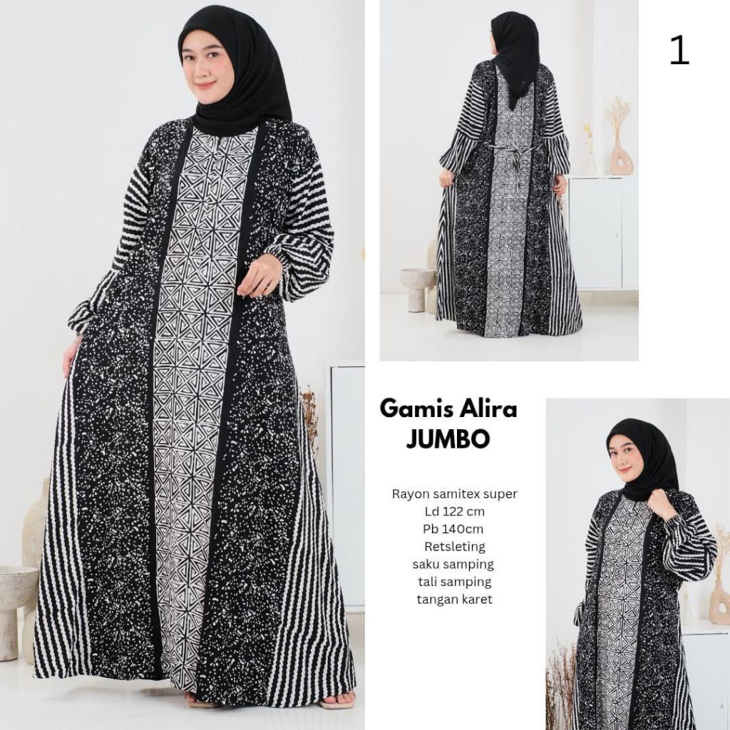 Gamis Jumbo Alira Hitam Putih Bunga Garis Batik Cap