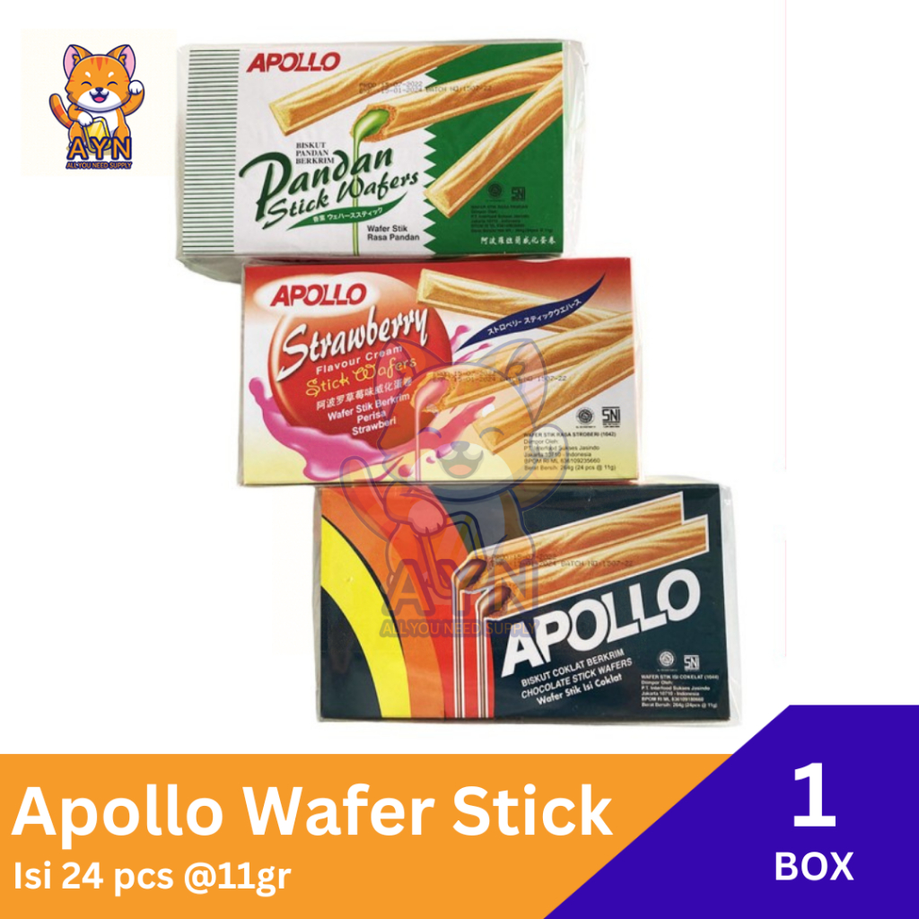 

Apollo Wafer Stick Cokelat | Stroberi | Pandan 11 gr [ 1 box isi 24 pcs ]