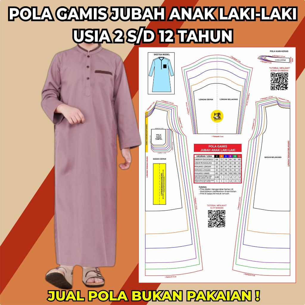 POLA JIPLAK GAMIS ANAK LAKI-LAKI USIA 2-12 TAHUN