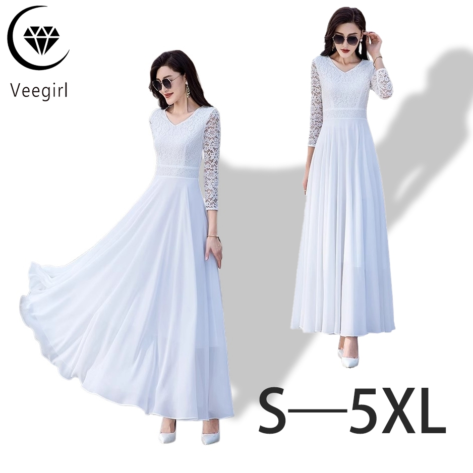 Veegirl  Dress Korean Style Panjang Baju Wanita Midi Dress Muslim Long Sleeve Baju Pantai Wanita Jum