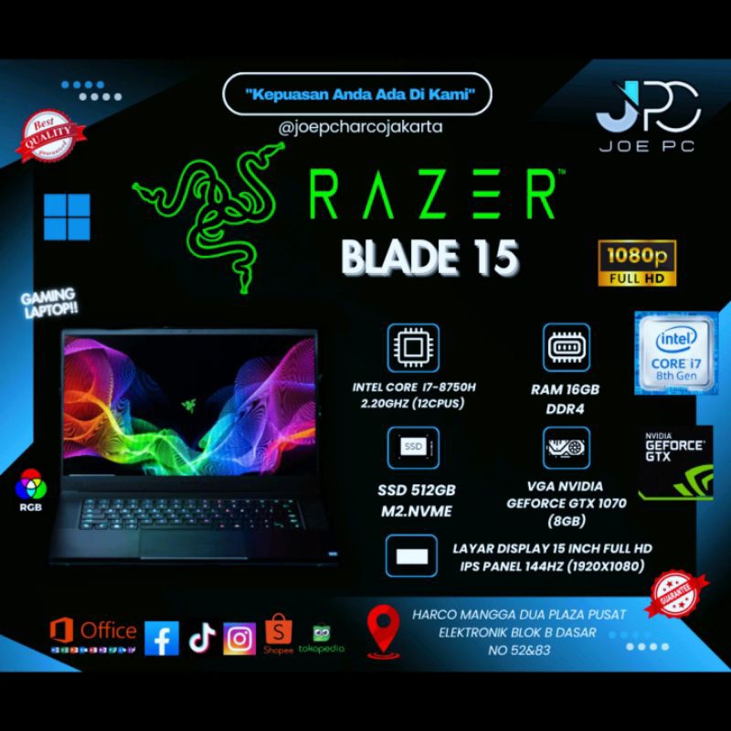 Laptop Gaming Razer Blade 15 Intel Core i7 Gen 8th (8750H) RAM 32GB SSD 1TB VGA Nvidia GTX 1070 8GB 