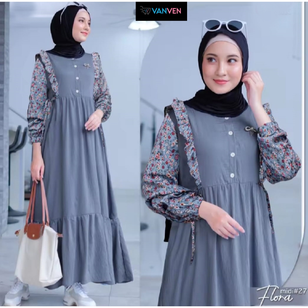 Flora Midi Dress Wanita Muslim Kekinian Rayon Premium Motif Bunga Korea Terbaru Dress Lebaran 2025