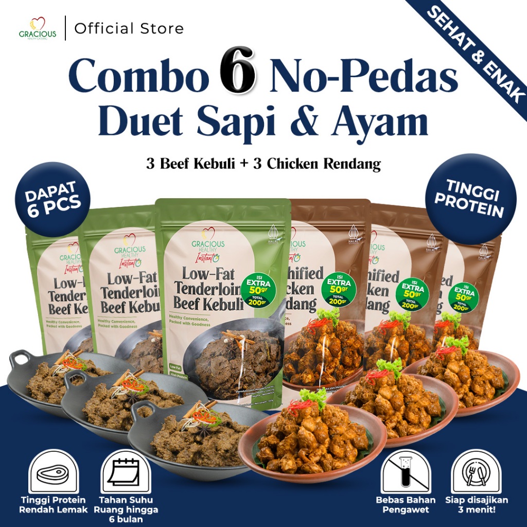 

Gracious Combo 6 No-Pedas Duet Sapi & Ayam |3 Beef Kebuli + 3 Chicken Rendang