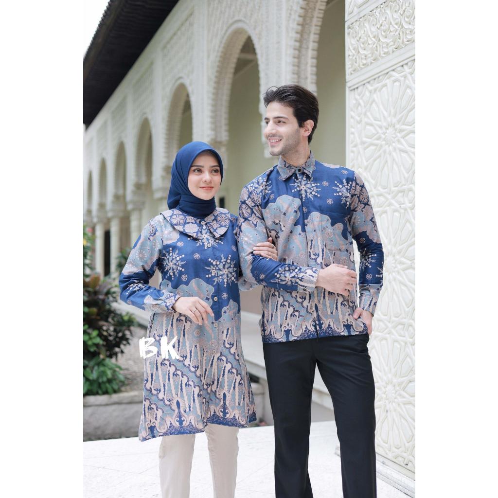 Set Pakaian Batik Couple Motif Terbaru Kemeja Tunik Parang Biru Batik Seragam / Batik Premium BK