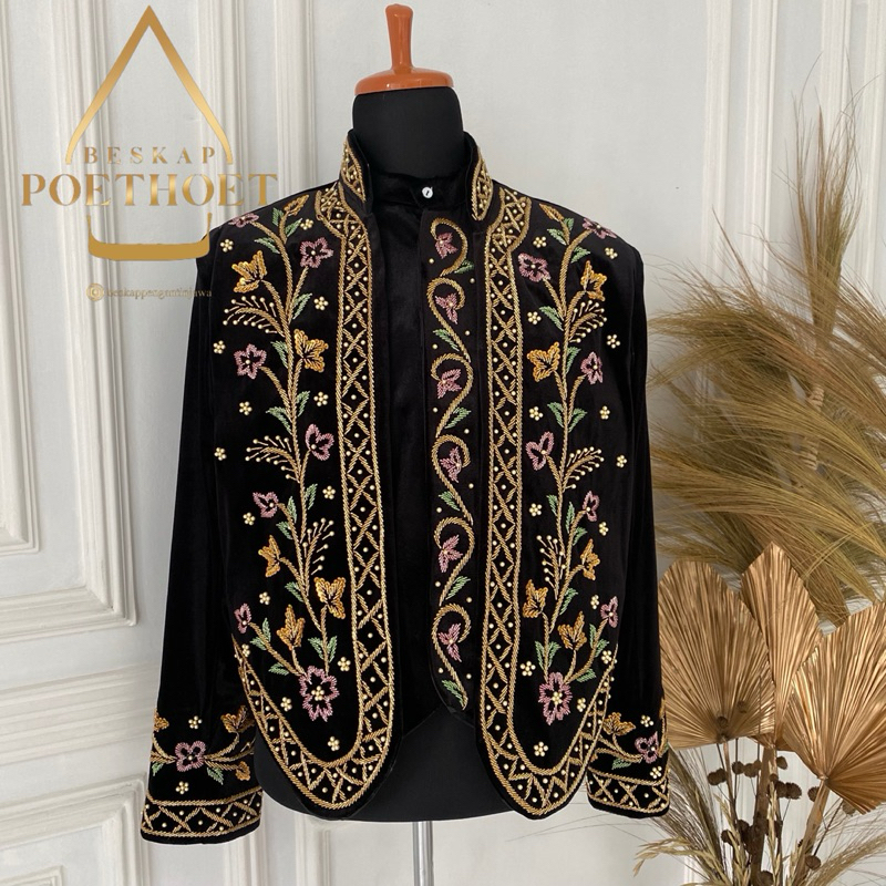 Beskap pengantin jawa Bludru hitam halus premium payet kombinasi gold pink hijau