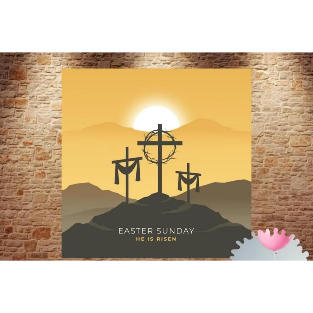 BANNER SPANDUK BUNTING FLAG TARIK HAPPY EASTER SELAMAT PASKAH HE IS RISEN JUMAT AGUNG KELINCI TELUR 