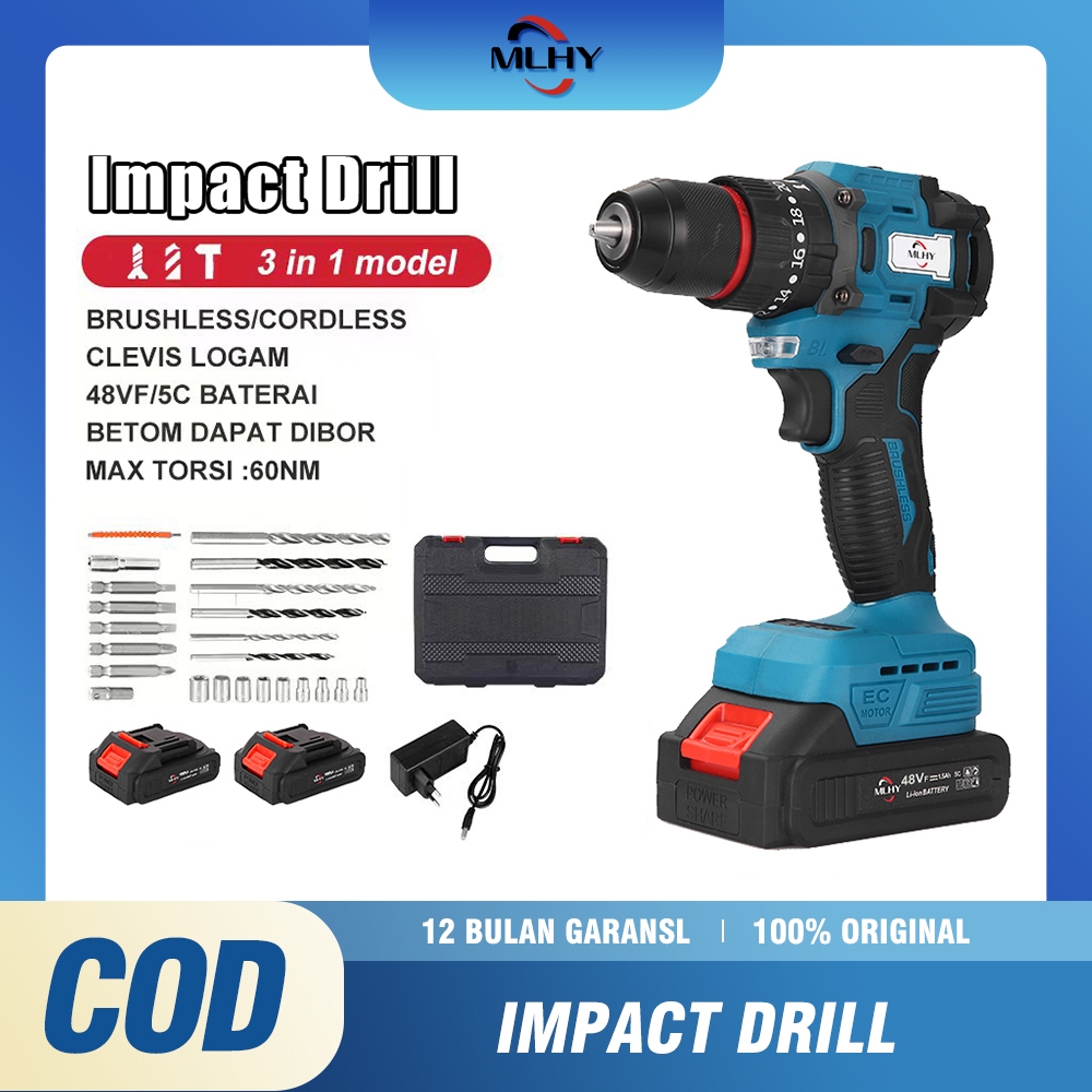 PROMO MLHY 48VF Brushless Cordless Impact Bor Mesin Bor Cordless 10mm 1800 RPM 60N.m Bor Listrik /