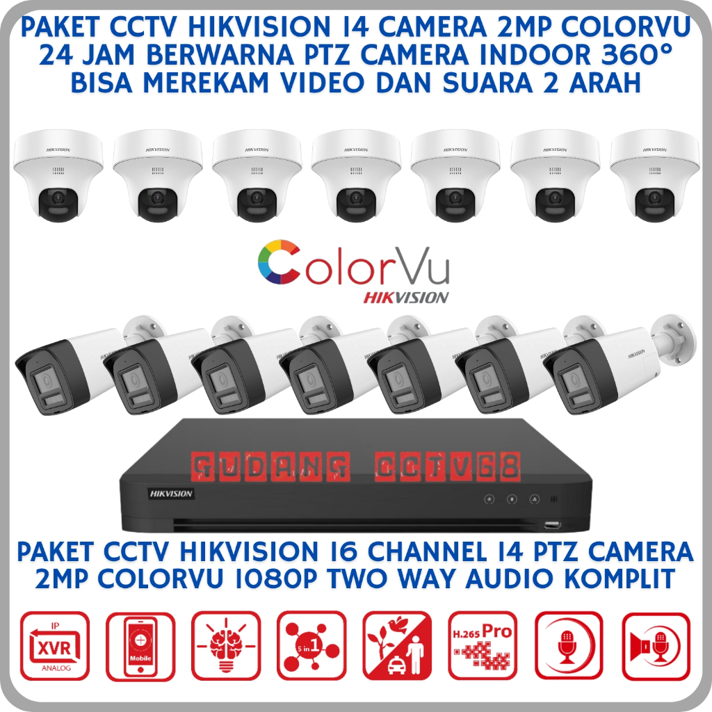 Paket CCTV Hikvision 16 Channel 14 Camera 2mp Colorvu 1080p Two Way Audio Series CCTV Suara 2 Arah
