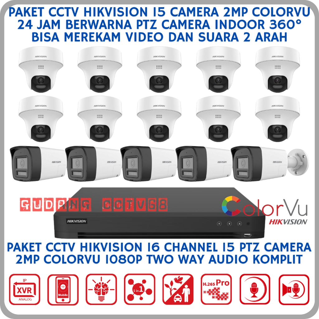 Paket CCTV Hikvision 16 Channel 15 Camera 2mp Colorvu 1080p Two Way Audio Series CCTV Suara 2 Arah