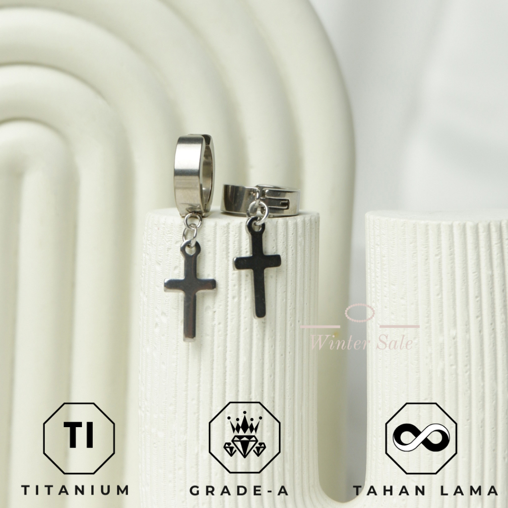 Anting Salib Jepit Silver Korea Titanium Anti Karat